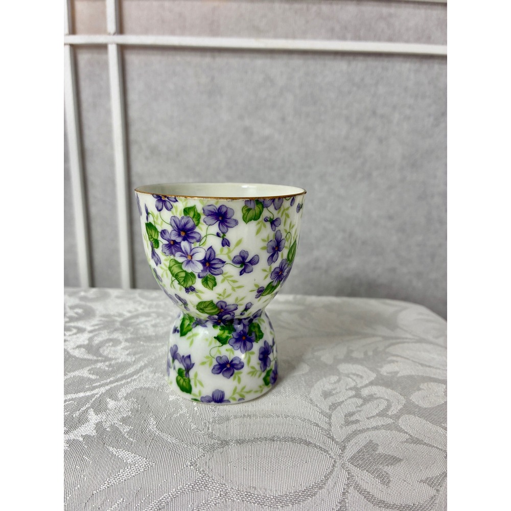 VTG Lefton China Violet Chintz Hand Painted Porcelain Double Egg Cup Gold Rim